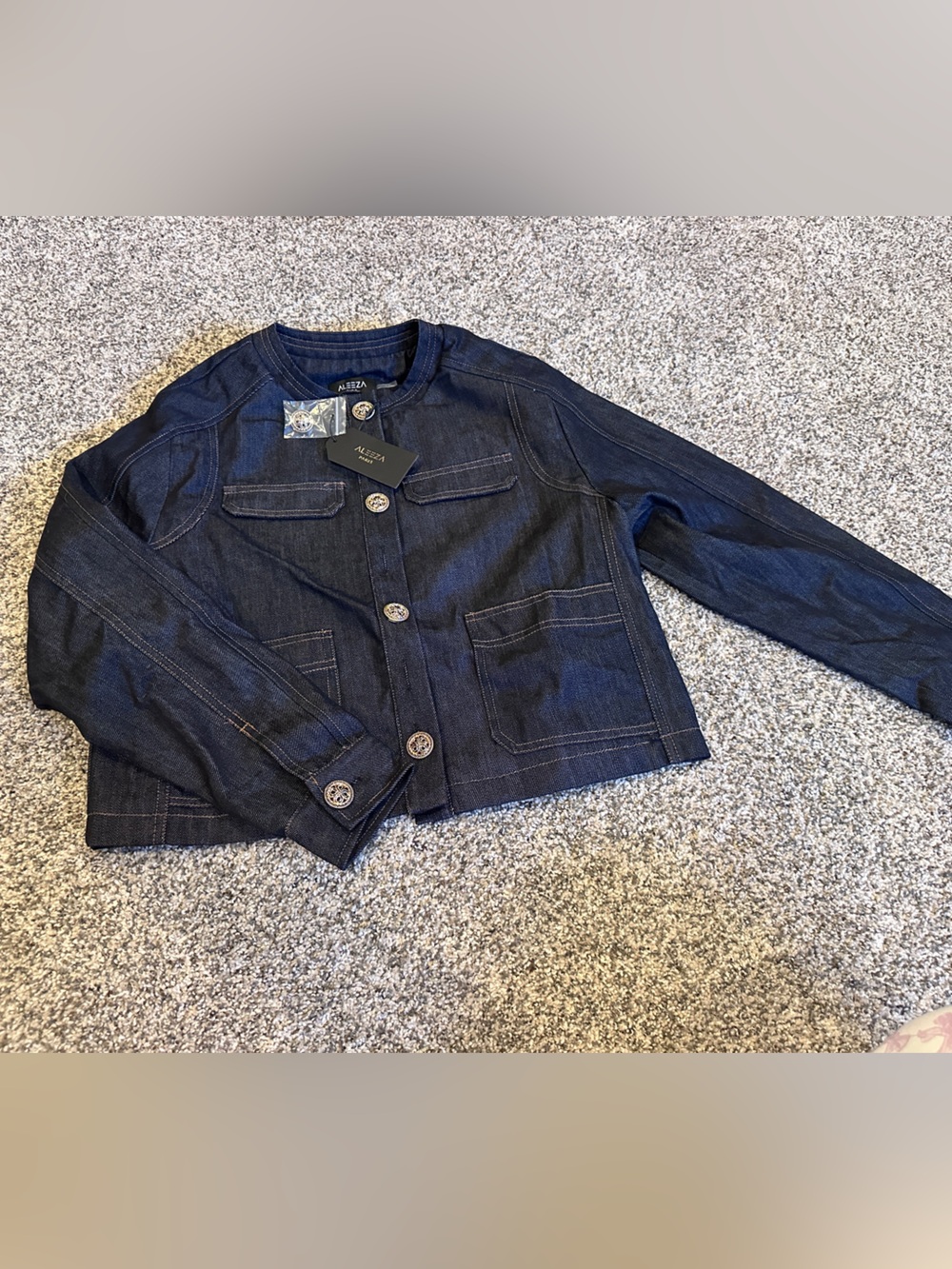 Aliza Dark Navy Denim Collarless Jacket